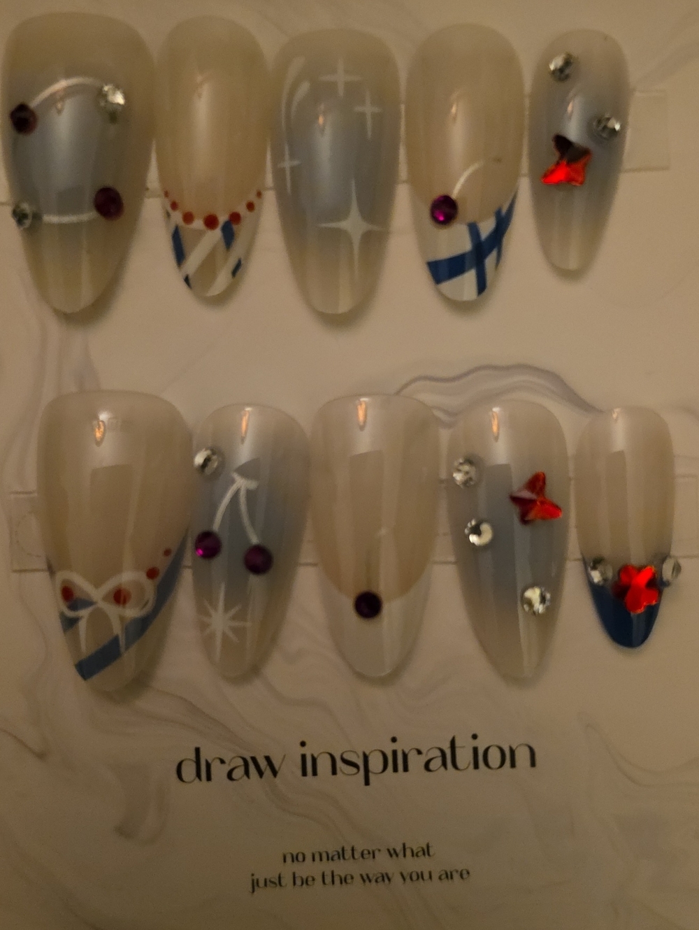 Hand-Painted Neutral and Blue Nail Art Set with Accent Gems Large 1 set